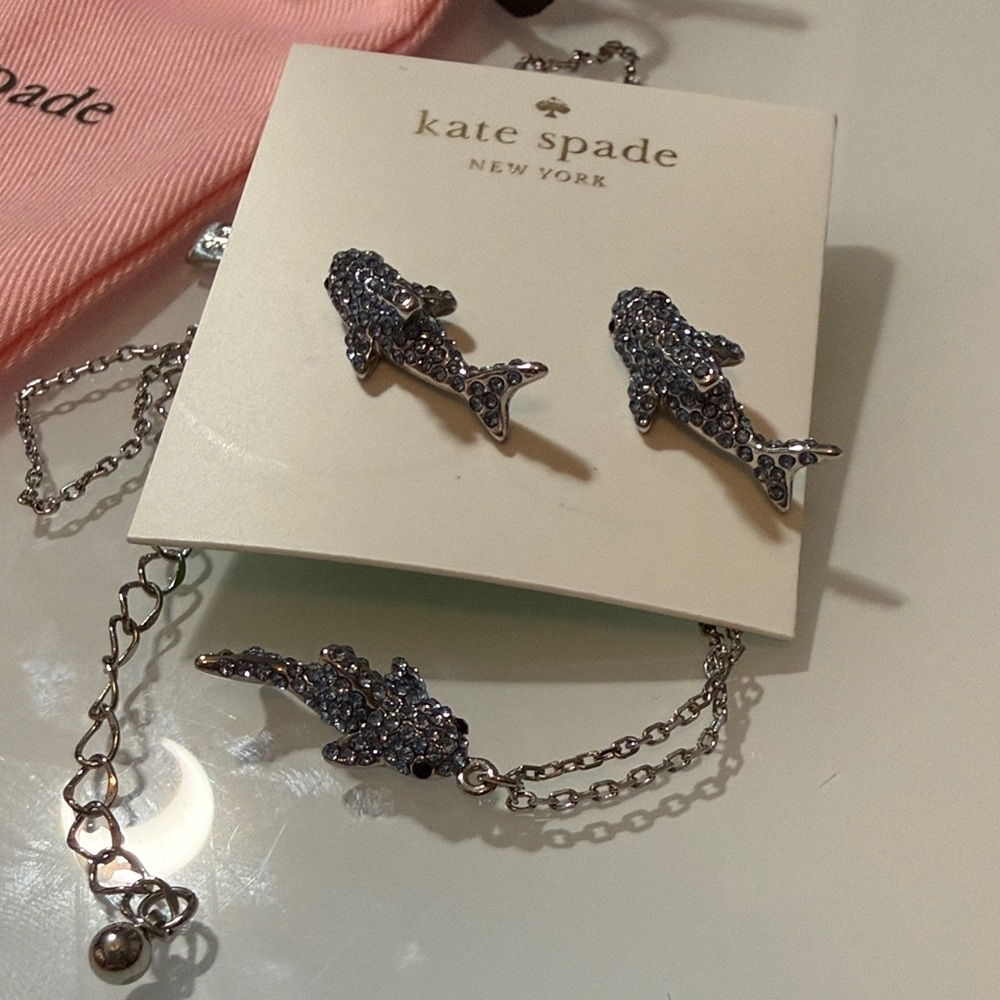 Kate Spade Shark Jewelry Set Earrings & Necklace NWT